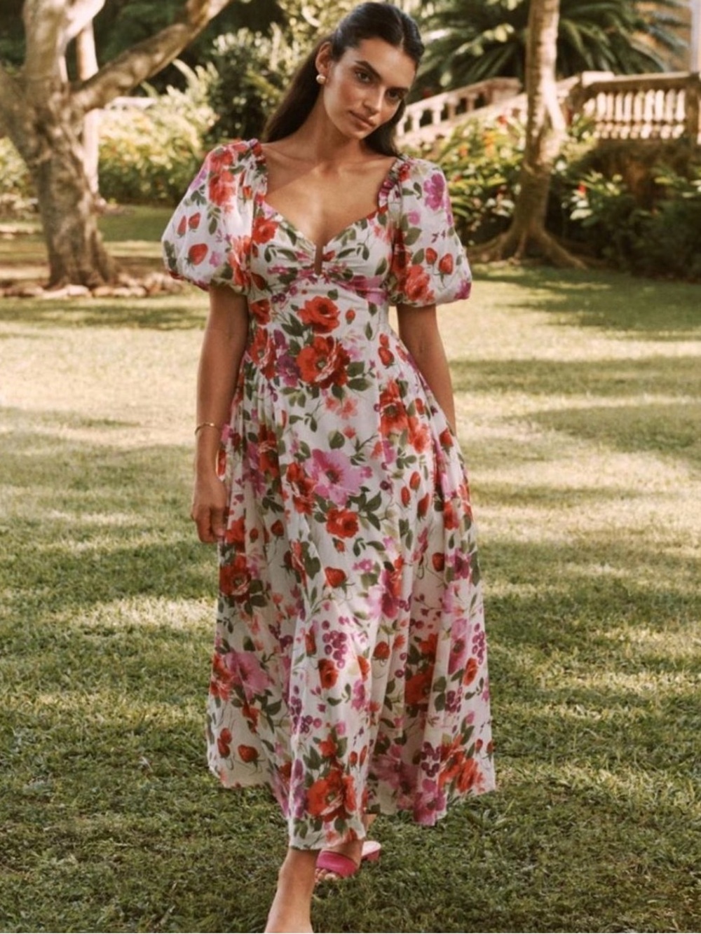 Abercrombie & Fitch Drama Puff Sleeve Maxi Dress in a vibrant red & pink floral